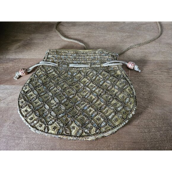 New Potli Batua Gold Sequin Wedding Beaded Embroidery Purse Handbag Crossbody - Picture 8 of 11